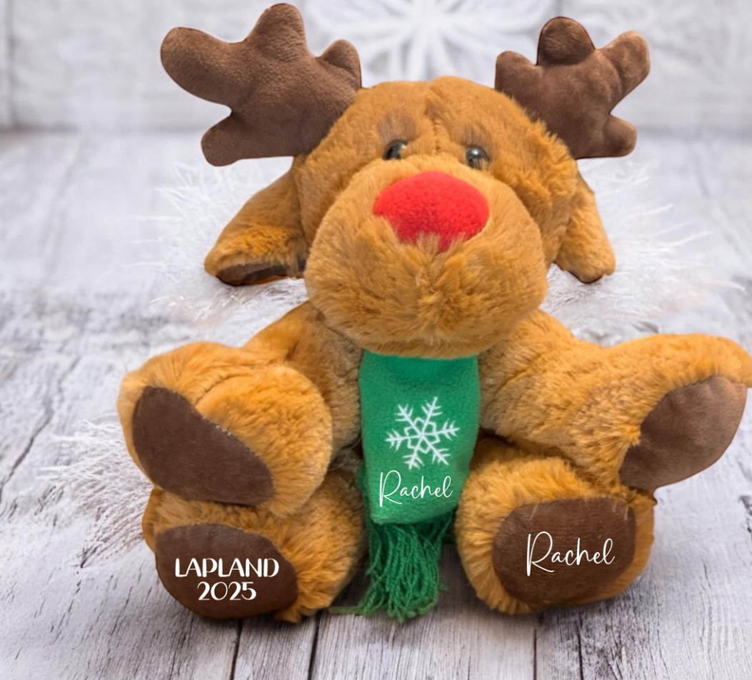 Personalised Lapland Reindeer (Reindeer 1 Dark Brown With Green Scarf)