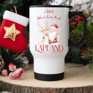 Personalised Travel Mug Santa and His Favourite Reindeer