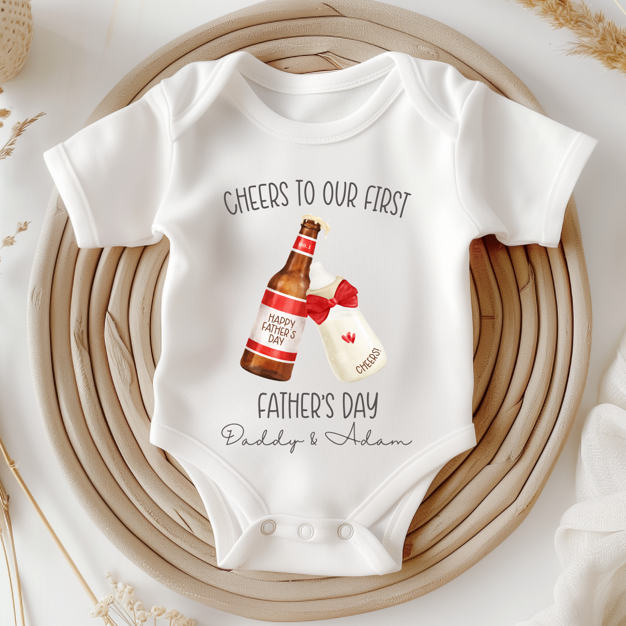 Personalised Beer &Bottle Father's Day Babygrow, Vest and Matching Bib. - Image 2