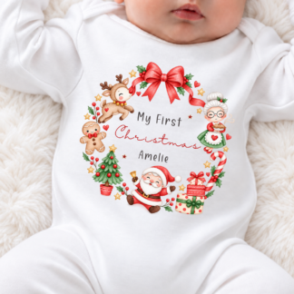 Personalised Girls My First Christmas Wreath Babygrow, Vest or Bib